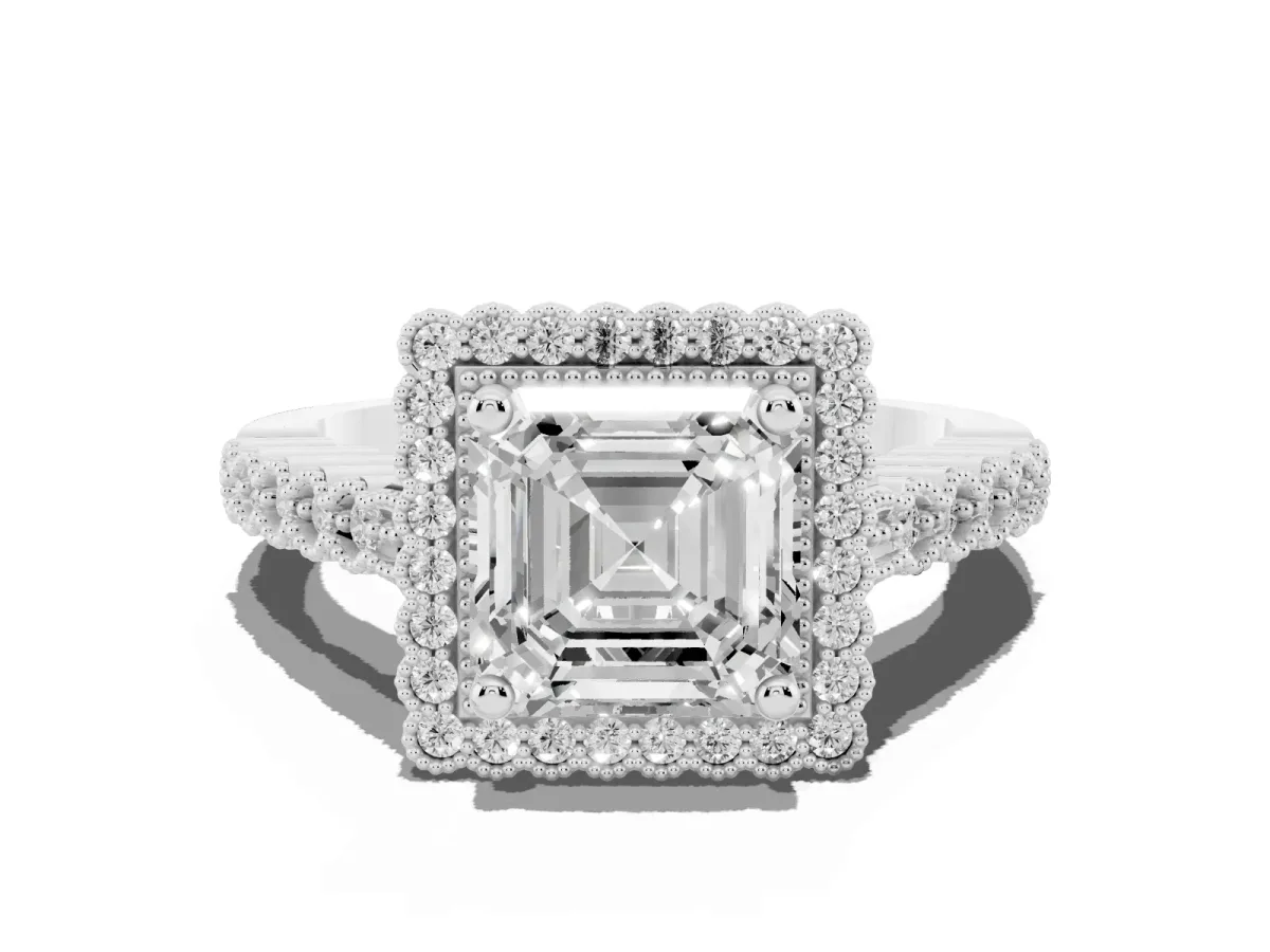 Asscher Cut Cut Halo Pavé Solitaire Ring with Milgrain Band Silver