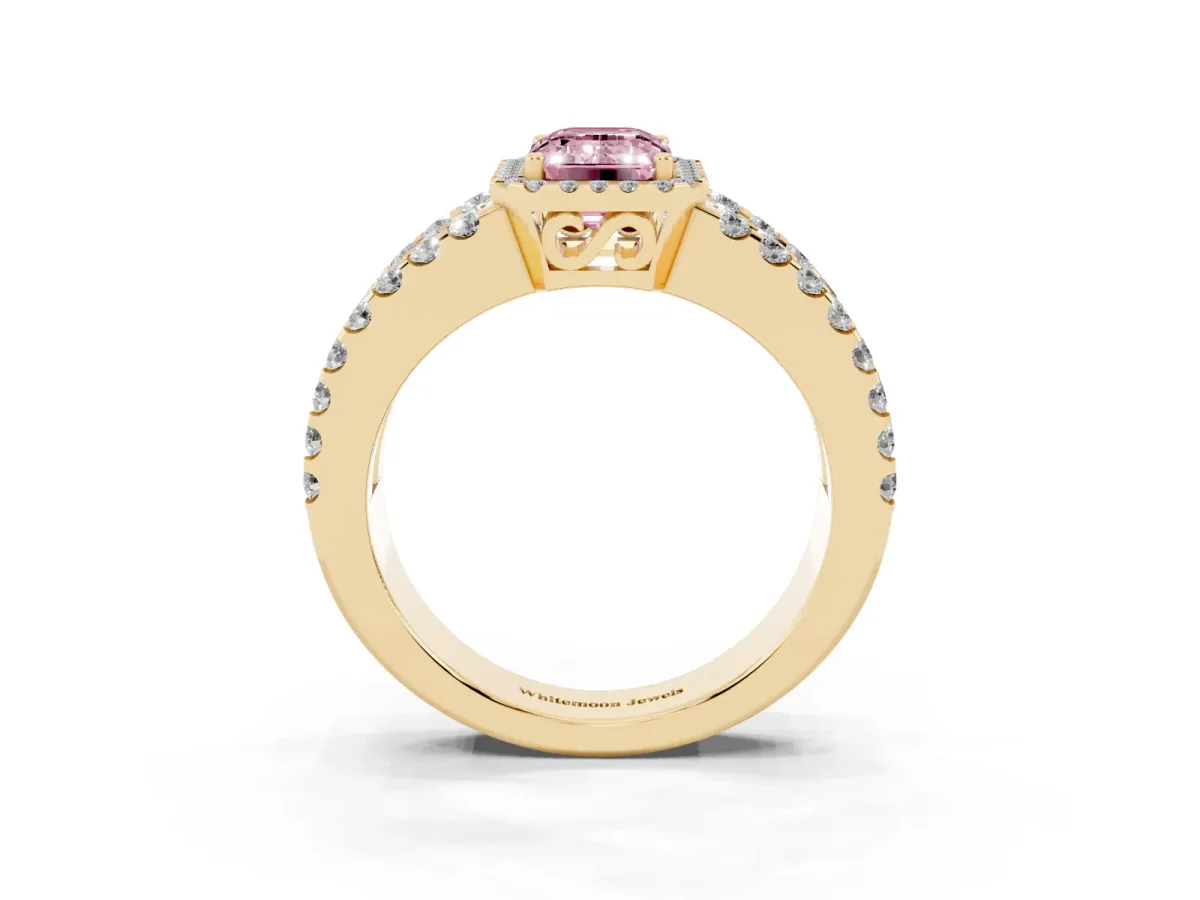 Fancy Pink Emerald Cut Cut Halo Split Shank Diamond Ring with Four-Prong Setting Yellow gold