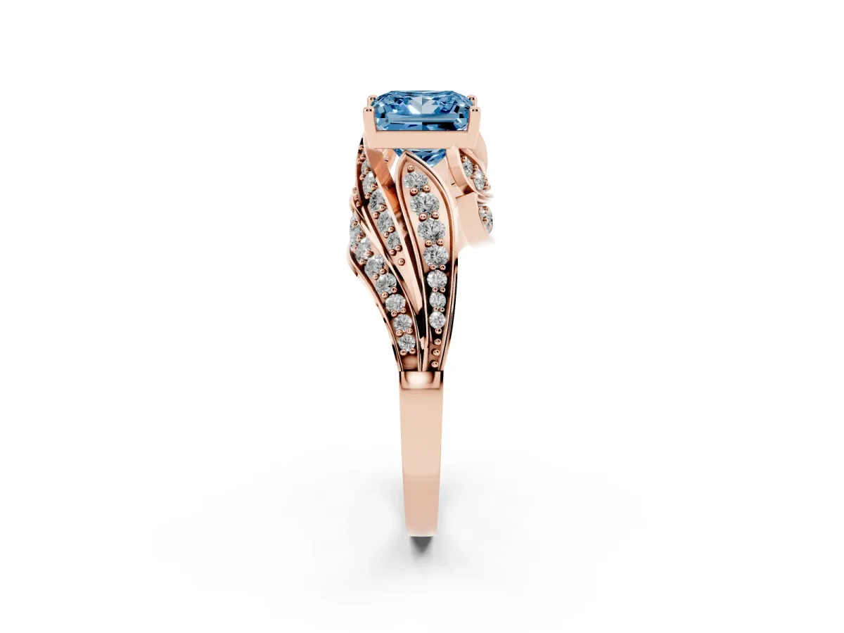 Fancy Blue Princess Cut Diamond Solitaire Ring with Prong Setting and Twisted Pavé Band Rose gold