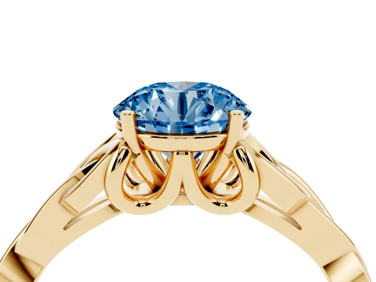 Fancy Blue Round Cut Diamond Solitaire Engagement Ring with Celtic Knot Band and Four-Prong Setting Yellow gold