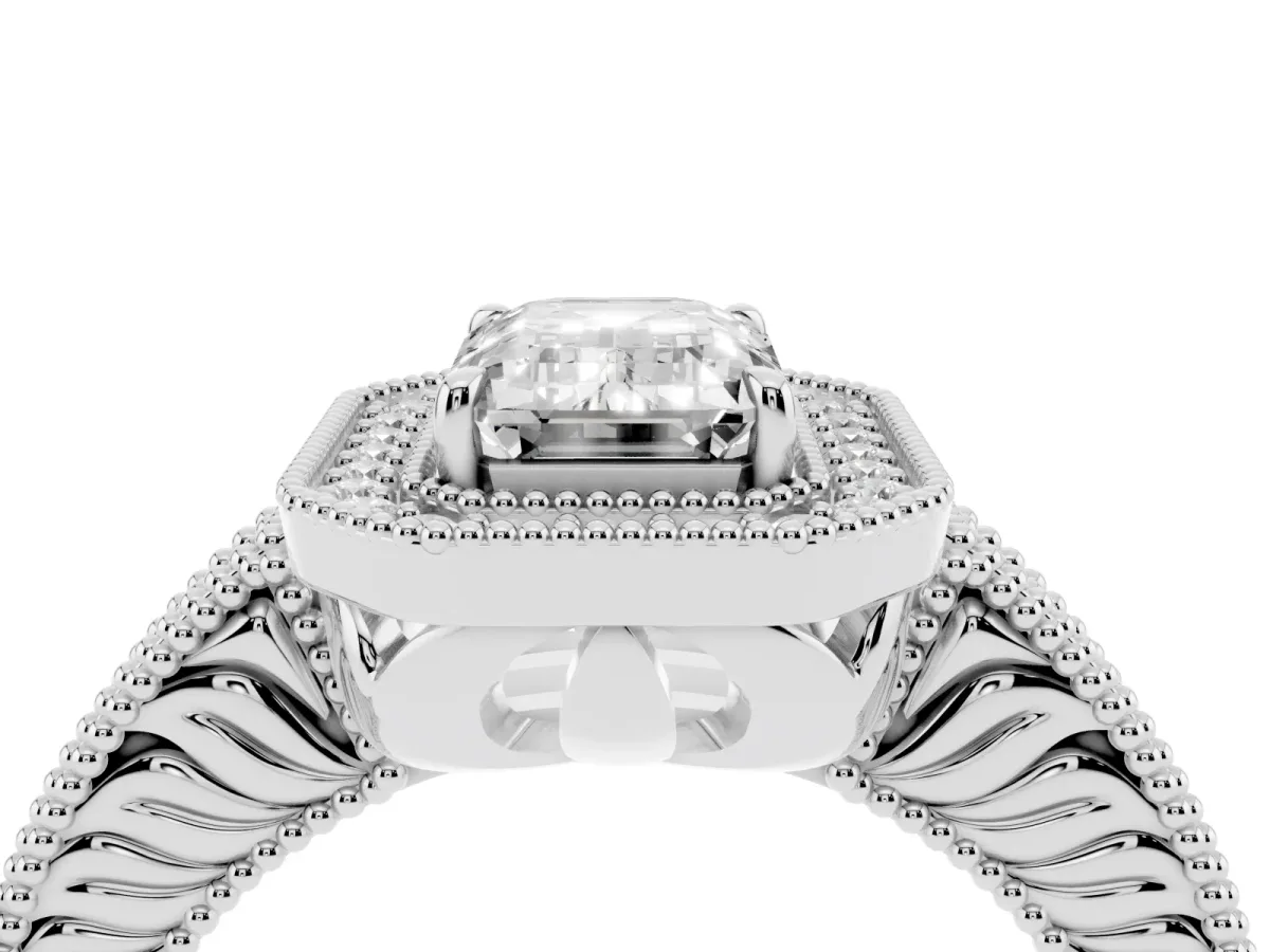 Emerald Cut Cut Halo Diamond Ring with Pavé Band and Four-Prong Setting Silver