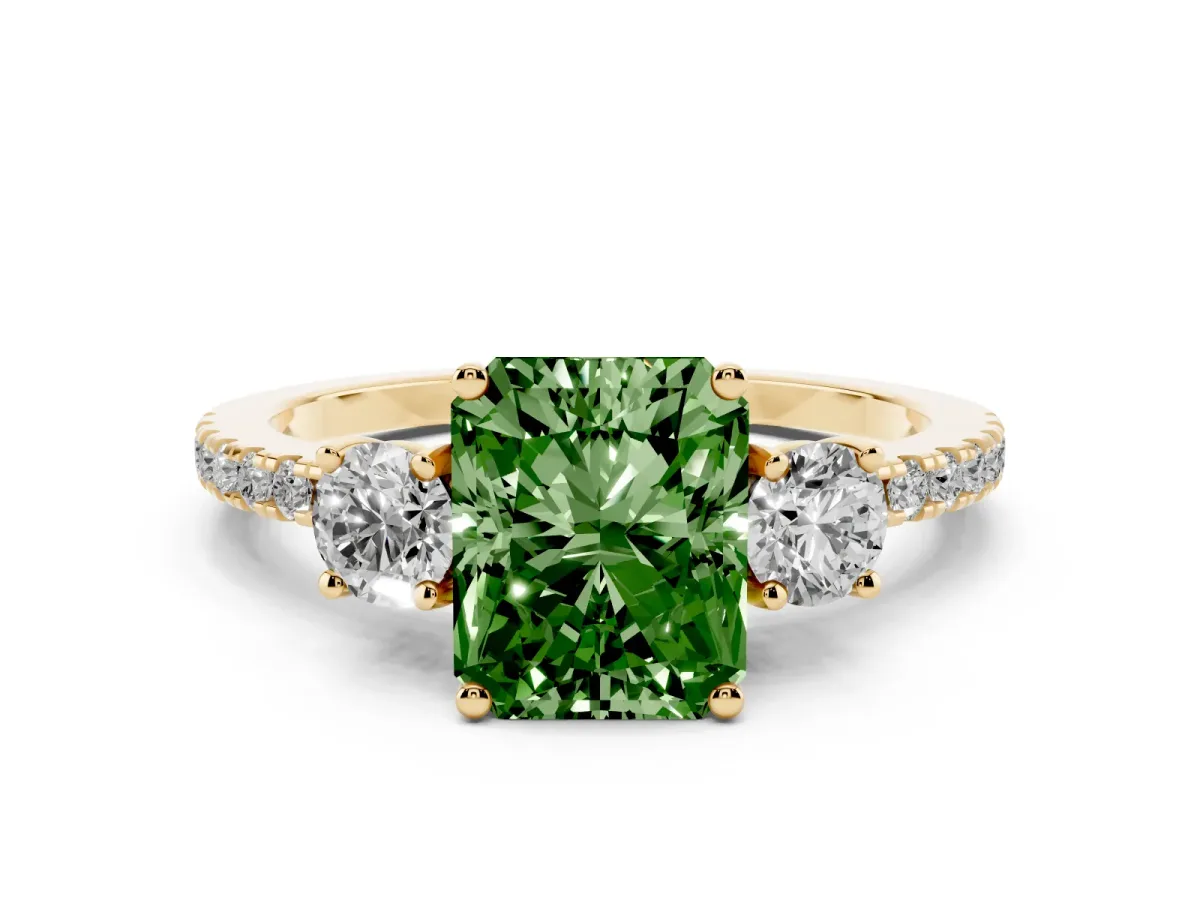 Fancy Green Three-Stone Radiant Cut Cut Diamond Pavé Band with Prong Setting Yellow gold