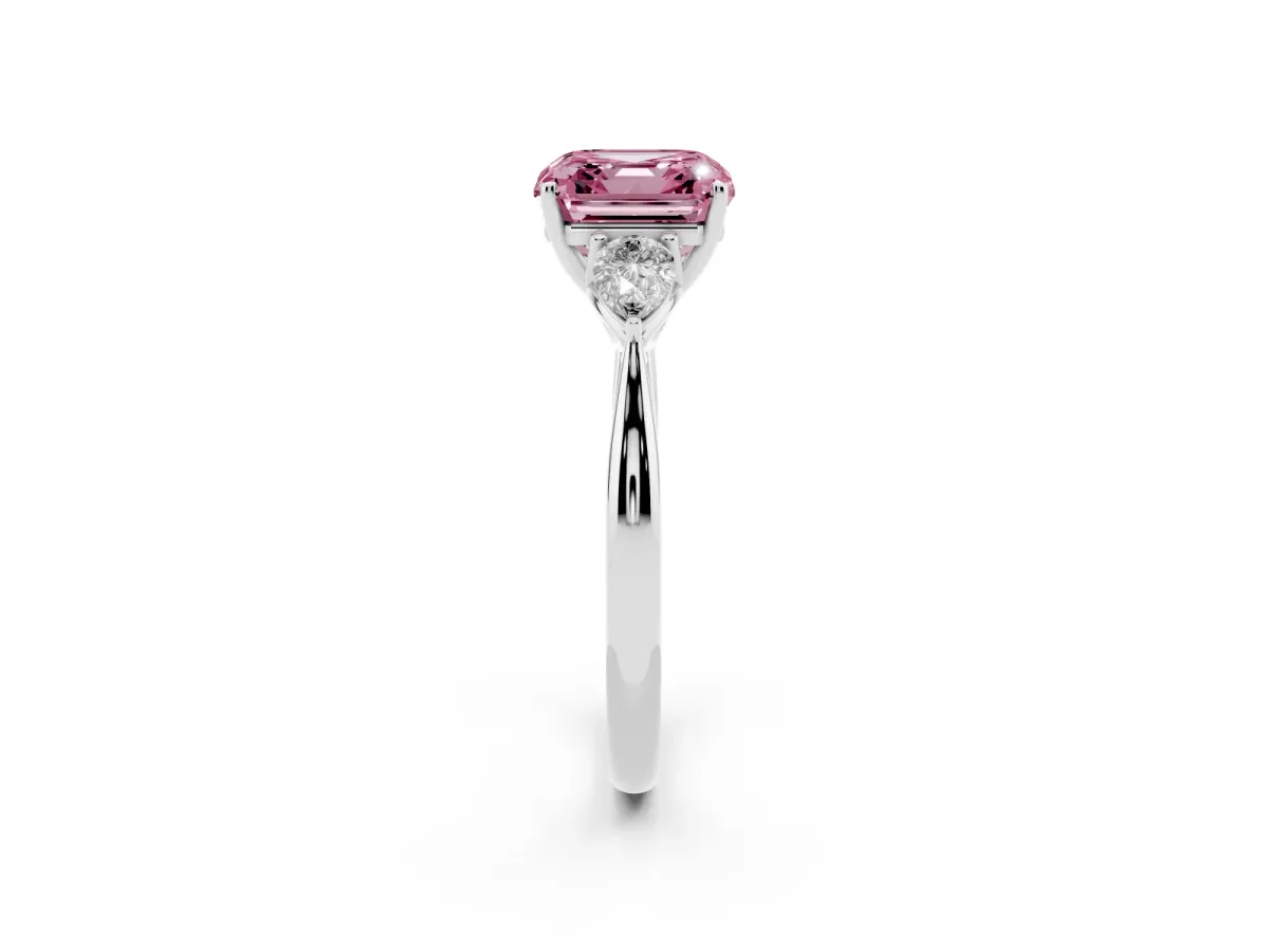 Fancy Pink Asscher Cut Diamond Three-Stone Ring with Pear Side Stones and Prong Setting Platinum