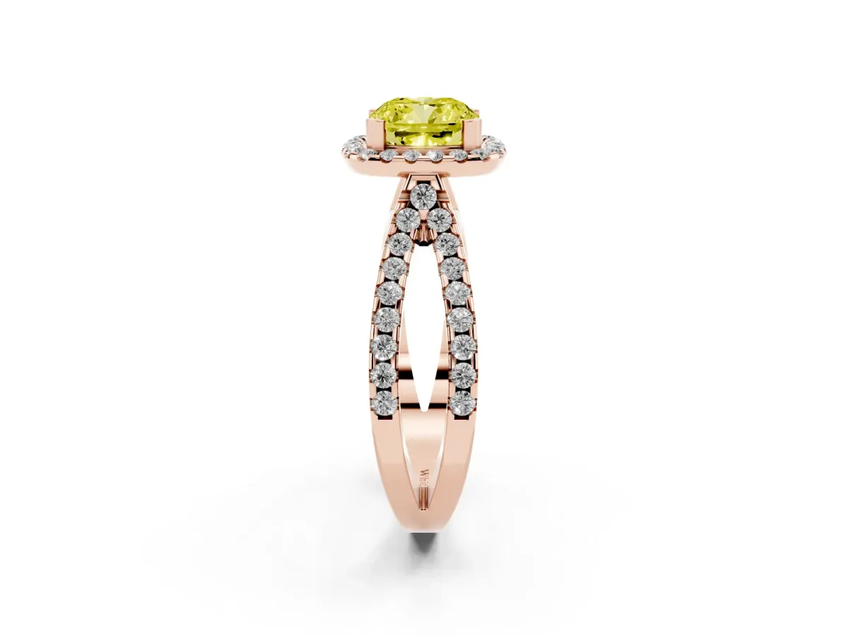 Fancy Yellow Cushion Cut Diamond Halo Ring with Split Shank Pavé Band and Prong Setting Rose gold