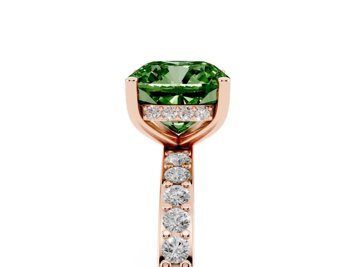 Fancy Green Cushion Cut Cut Diamond Pavé Band Ring with Four-Prong Setting Rose gold