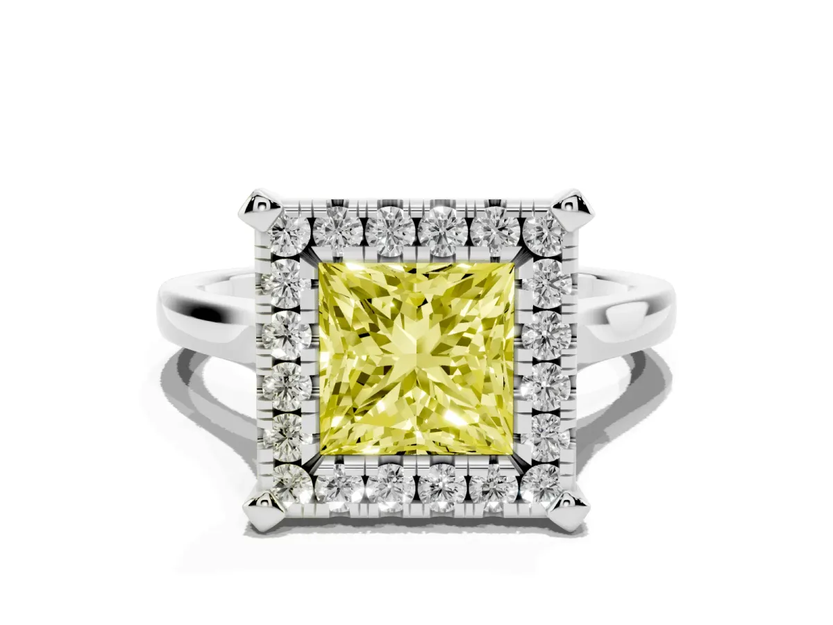 Fancy Yellow Princess Cut Diamond Cluster Halo Solitaire with Four-Prong Setting Silver
