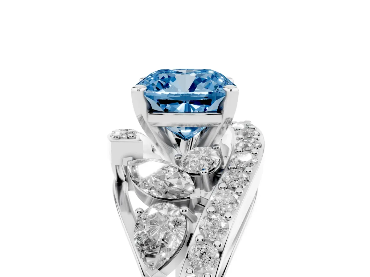 Fancy Blue Cushion Cut Diamond Halo Ring with Marquise and Pavé Band in Prong Setting Silver