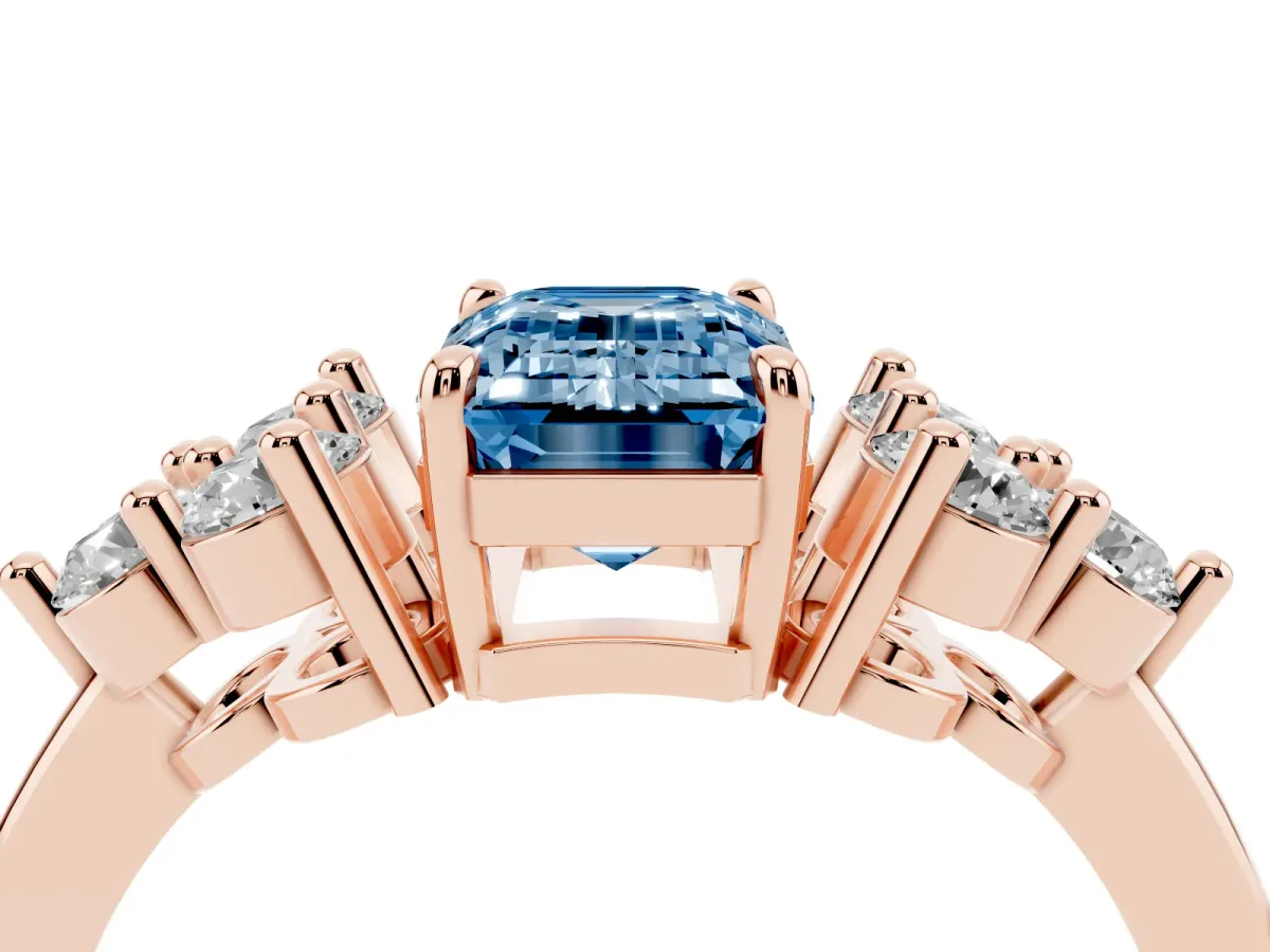Fancy Blue Emerald Cut Brilliant Diamond Cluster Accent Solitaire Ring with Prong Setting Rose gold