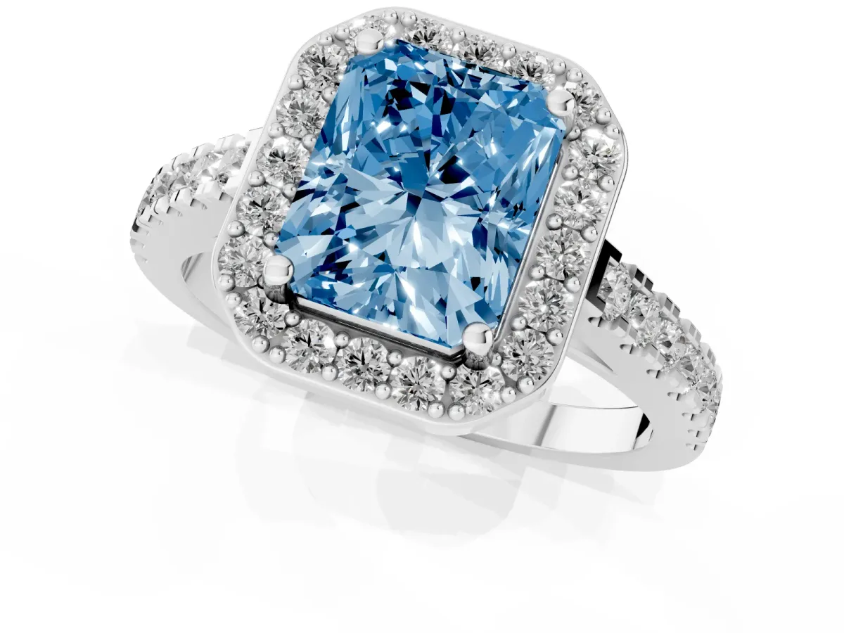Fancy Blue Radiant Cut Diamond Halo Ring with Round Pavé Split Shank and Prong Setting Silver