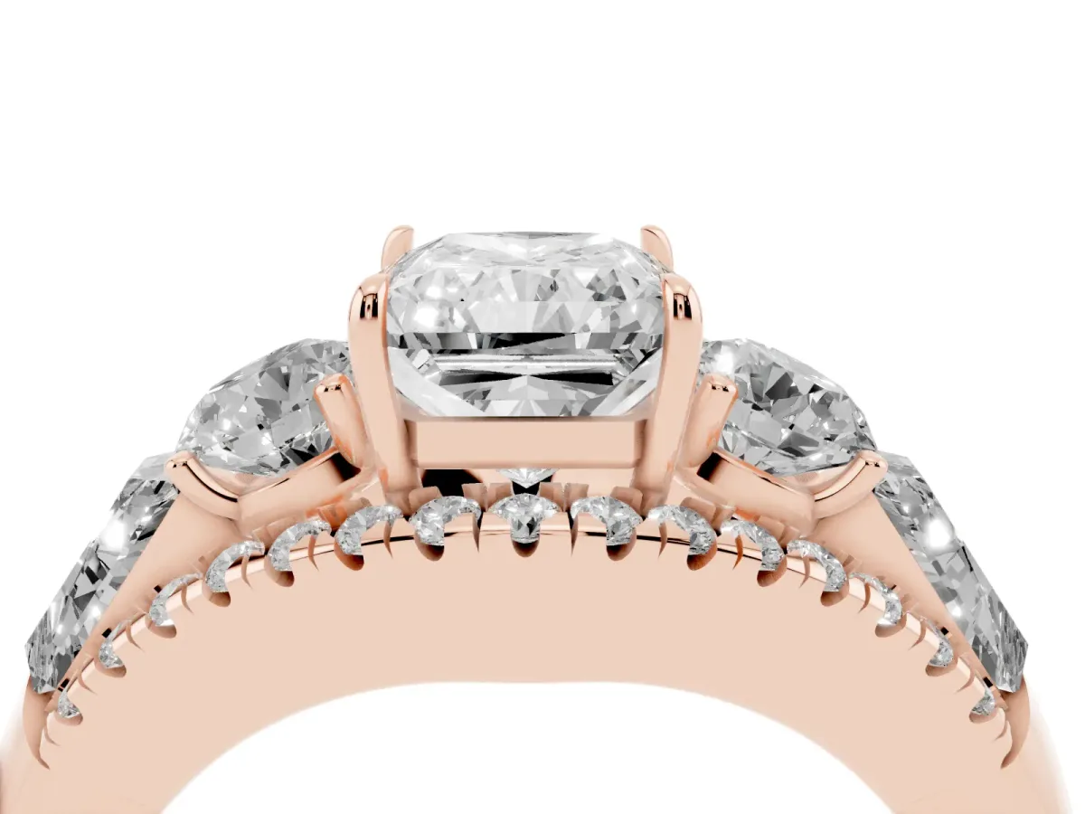 Three-Stone Radiant Cut Diamond Engagement Ring with Pave Band and Prong Setting Rose gold