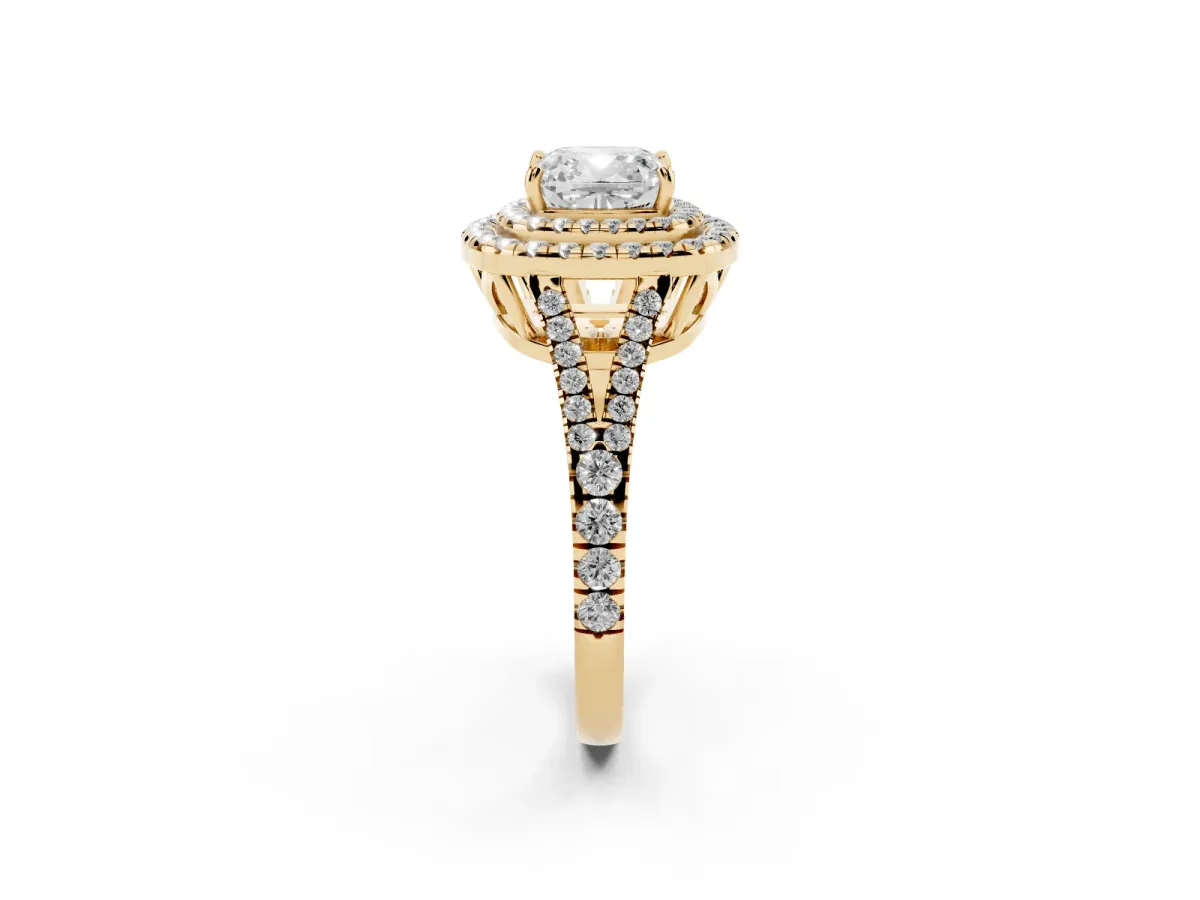 Cushion Cut Diamond Double Halo Ring with Pavé Band and Prong Setting Yellow gold