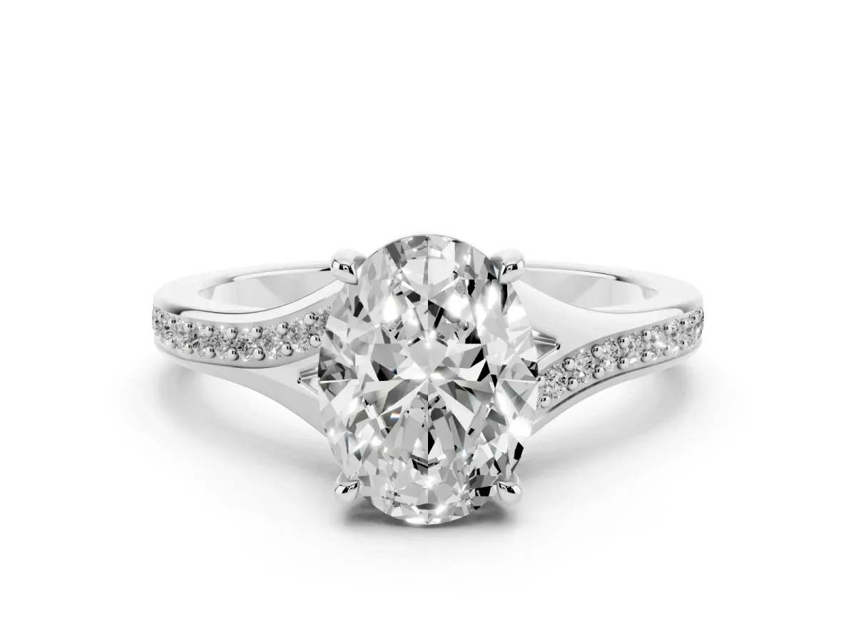 Oval Cut Diamond Solitaire Ring with Pavé Band and Prong Setting Silver