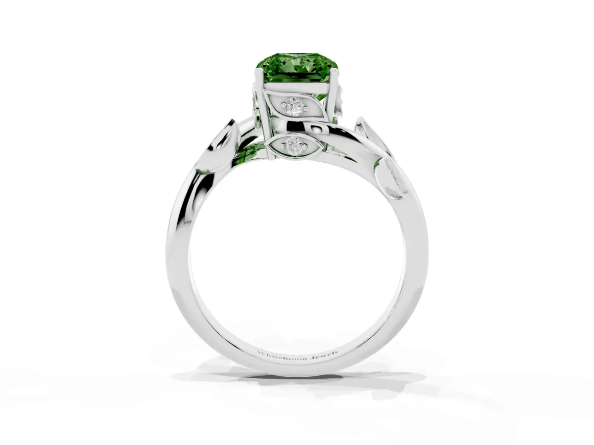 Fancy Green Radiant Cut Solitaire Twist Engagement Ring with Leaf Accents and Prong Setting Silver