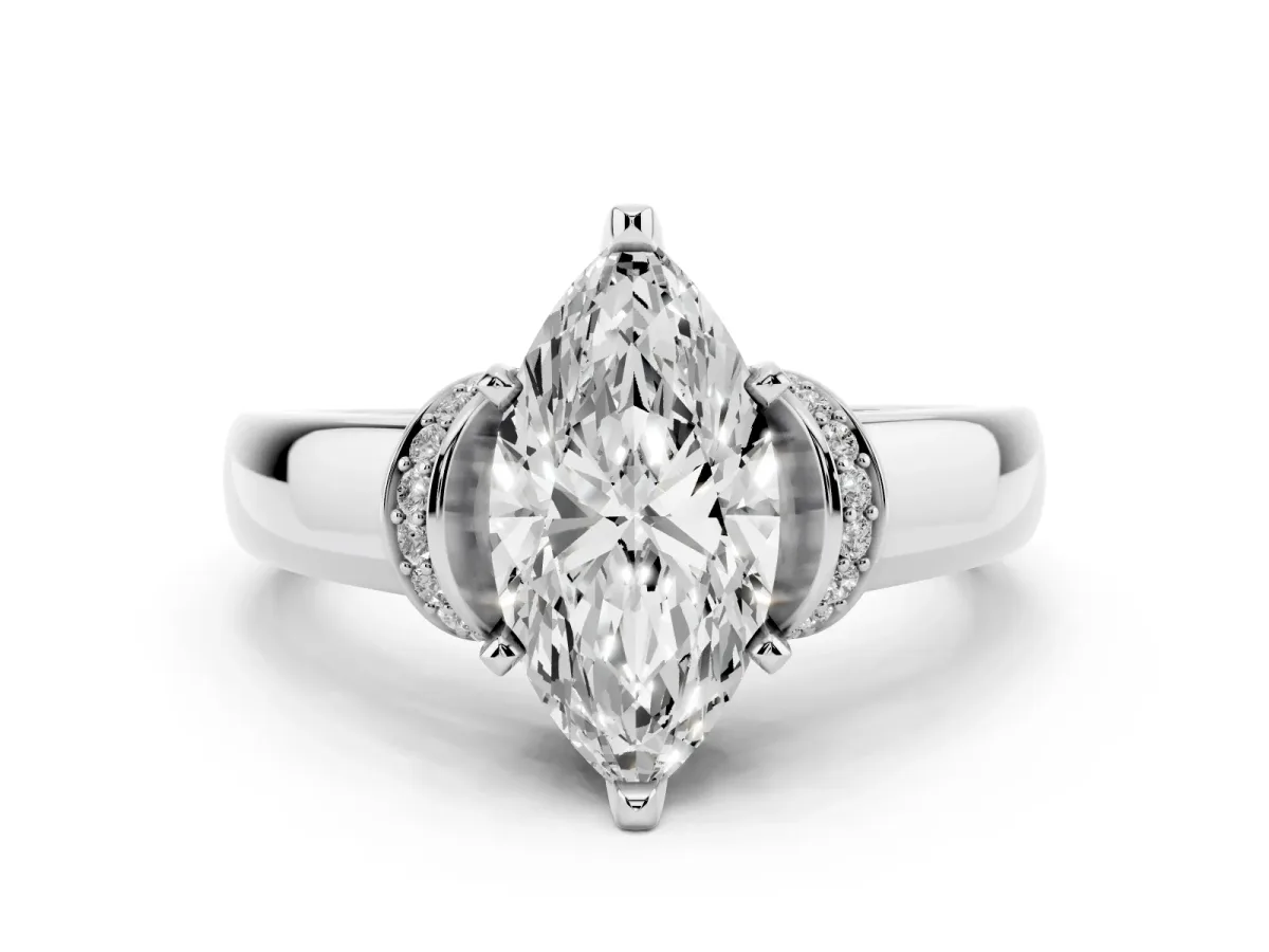Marquise Cut Solitaire Diamond Ring with Pave Band and Six-Prong Setting White gold