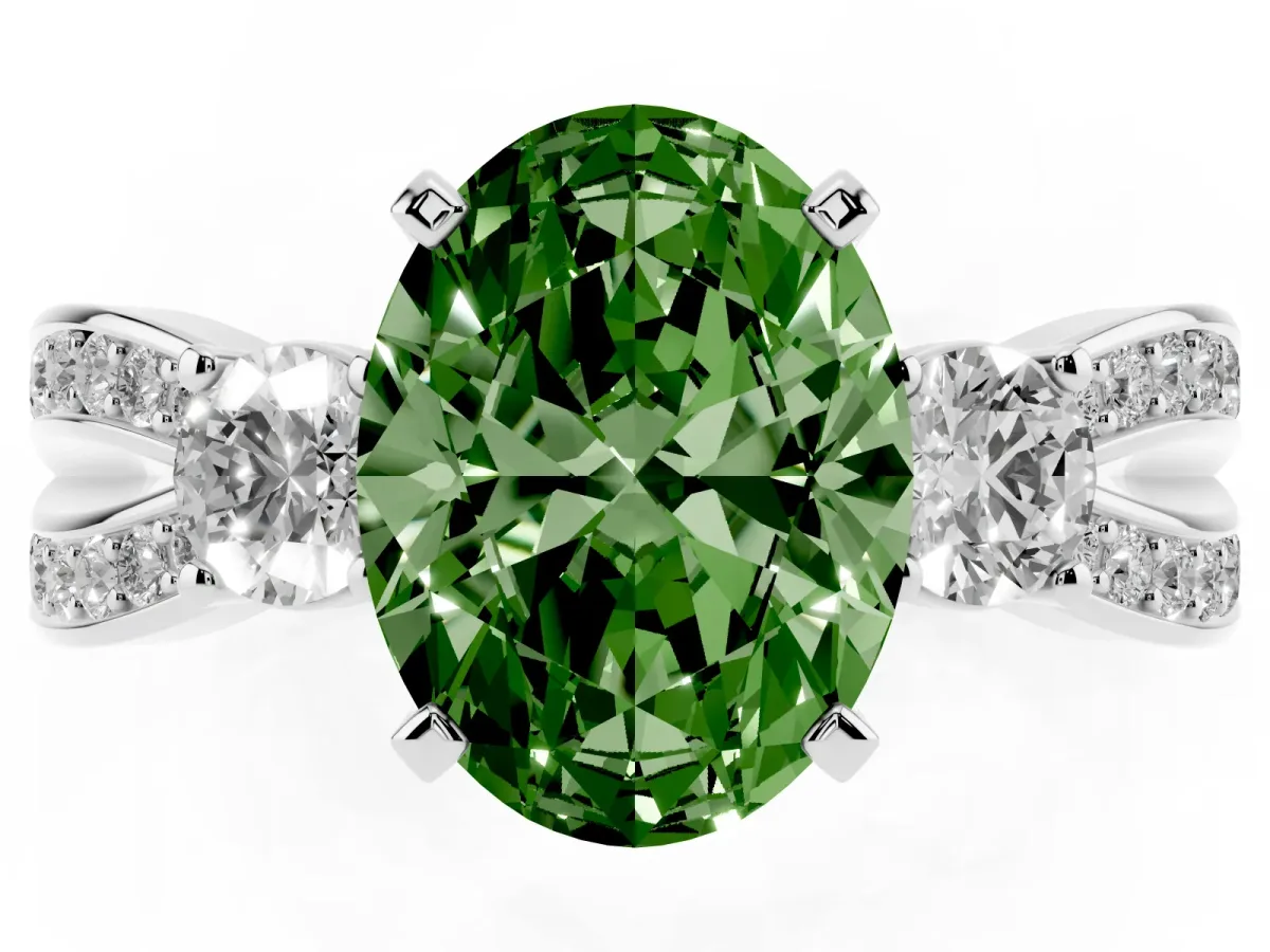 Fancy Green Three-Stone Oval Cut Cut Diamond Twist Band with Prong Setting Silver