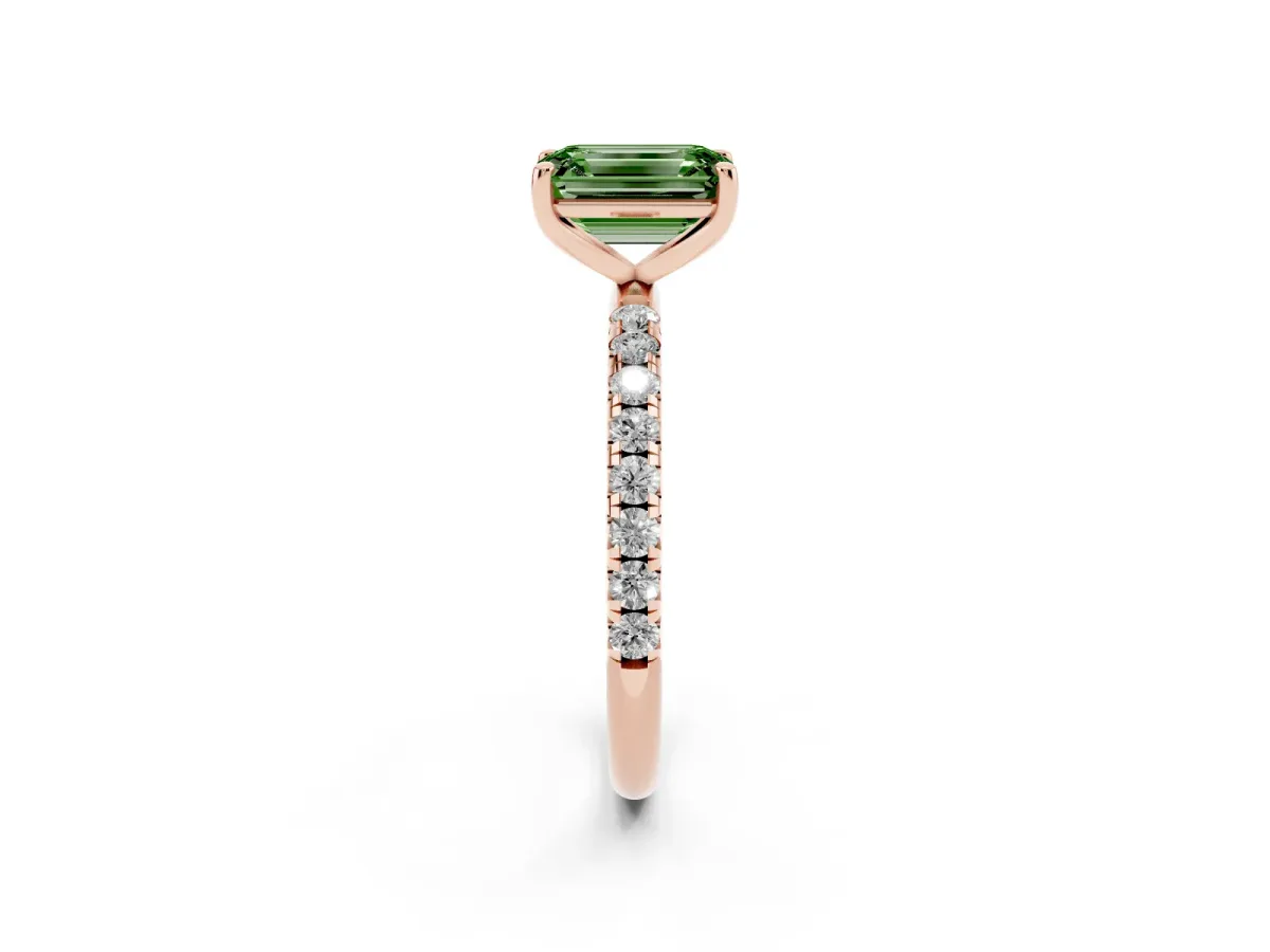 Fancy Green Emerald Cut Cut Diamond Solitaire Ring with Micro Pave Band and Four Prong Setting Rose gold