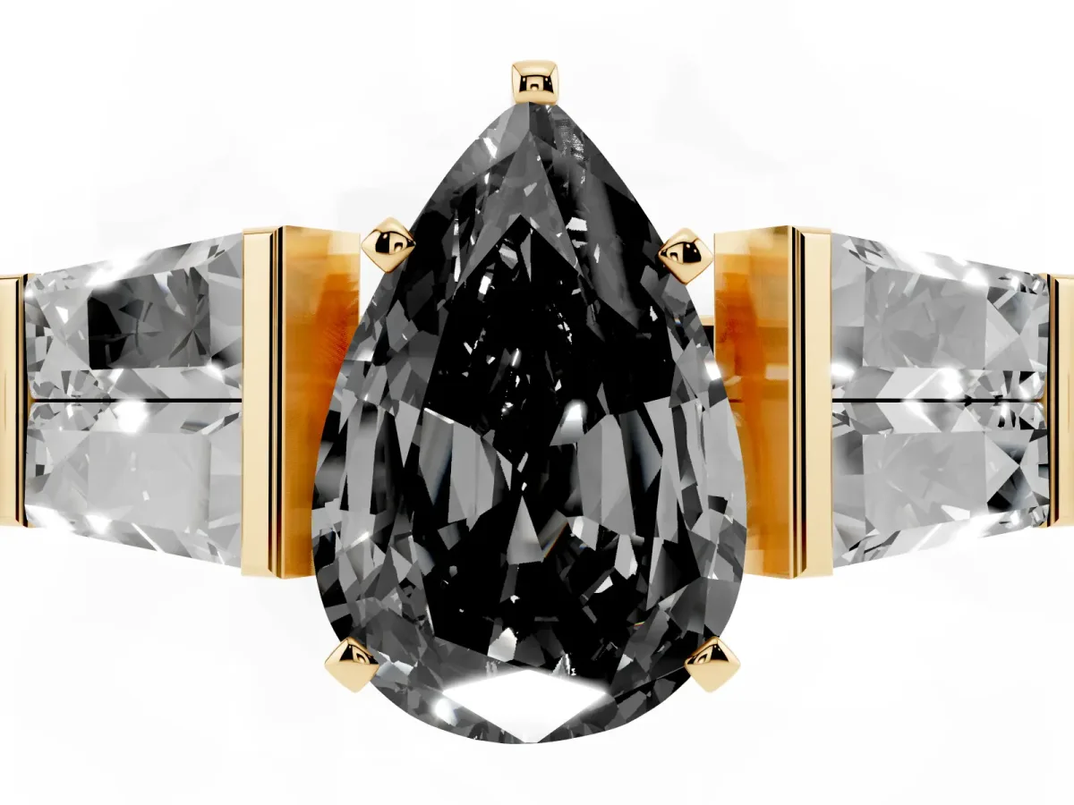 Fancy Black Pear Cut Diamond Engagement Ring with Baguette Side Stones and Channel Set Band Yellow gold