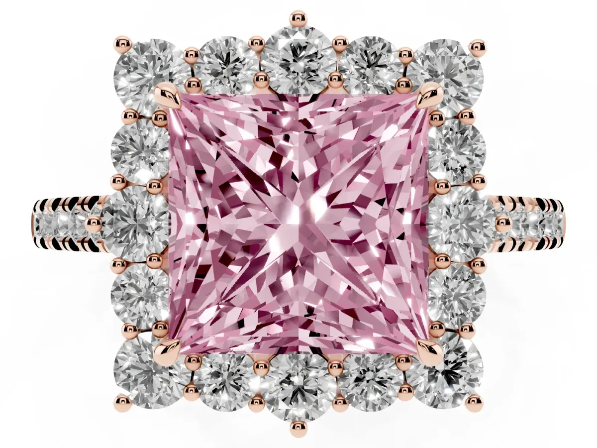 Fancy Pink Princess Cut Halo Diamond Ring with Pavé Band and Prong Setting Rose gold