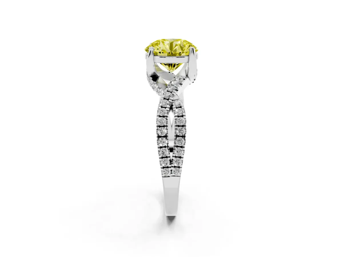 Fancy Yellow Round Cut Solitaire Twist Pave Diamond Engagement Ring with Prong Setting Silver
