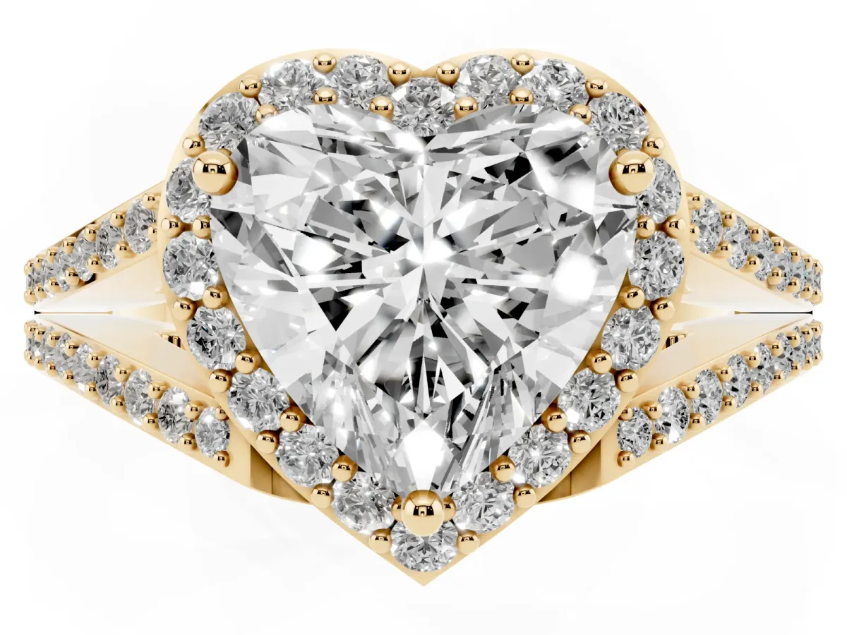 Heart Cut Halo Split Shank Diamond Ring with Prong Setting Yellow gold