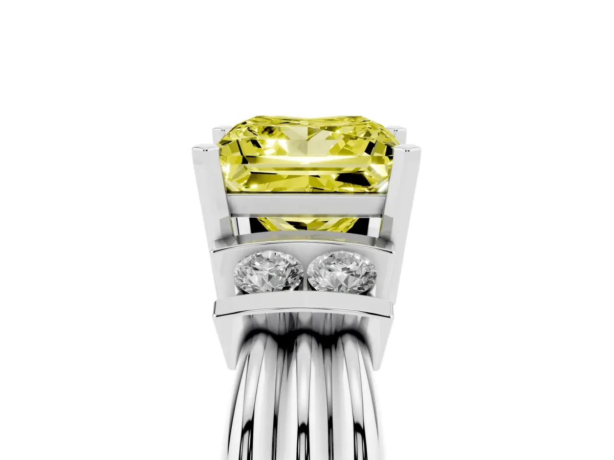 Fancy Yellow Princess Cut Cut Three-Stone Channel Set Ring with Bar Prongs Silver