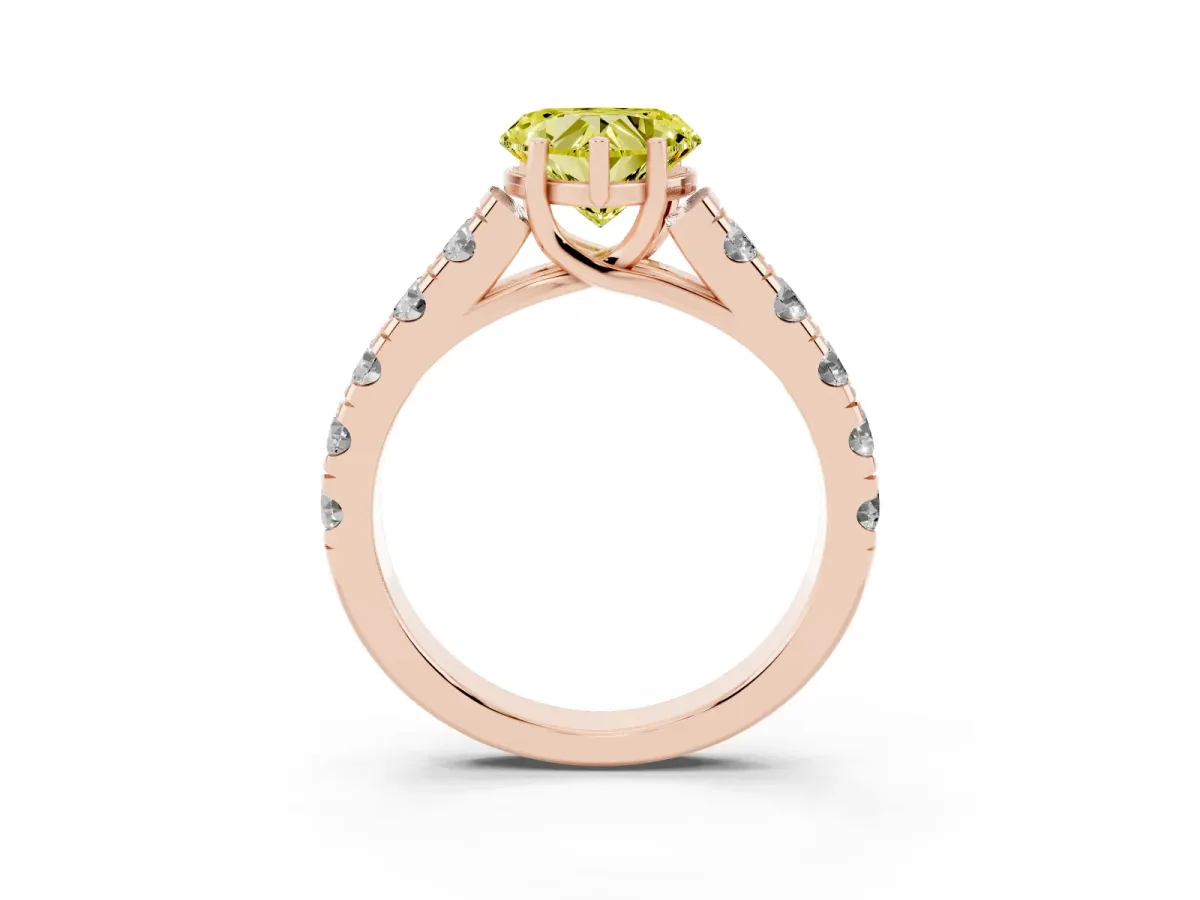 Fancy Yellow Heart Cut Cut Diamond Solitaire Ring with Micro Pave Band and Prong Setting Rose gold