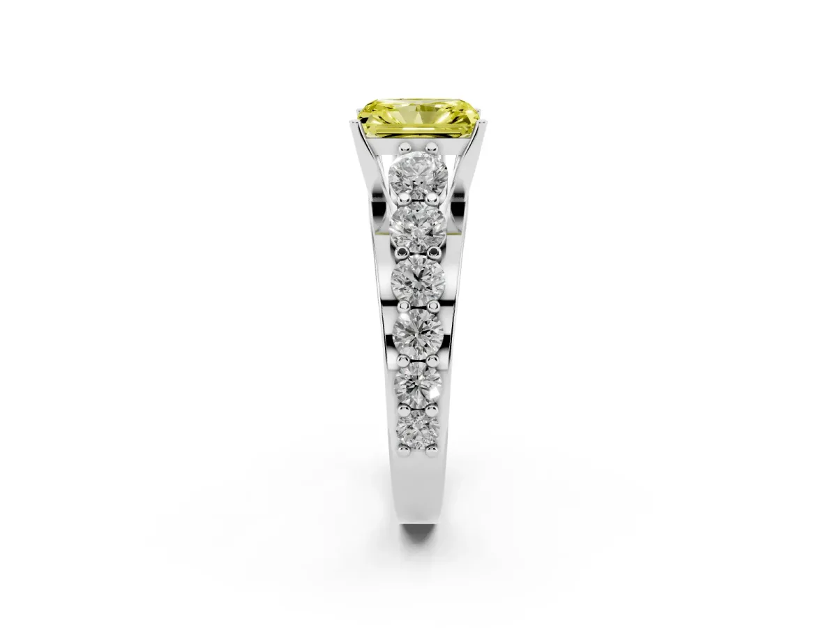 Fancy Yellow Radiant Cut Diamond Engagement Ring with Pavé Band and Four-Prong Setting Silver