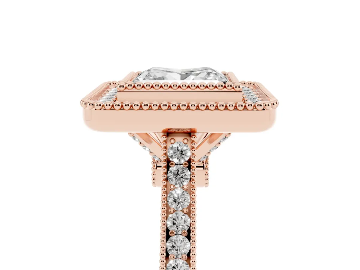 Princess Cut Diamond Halo Ring with Milgrain Frame and Pavé Band Rose gold