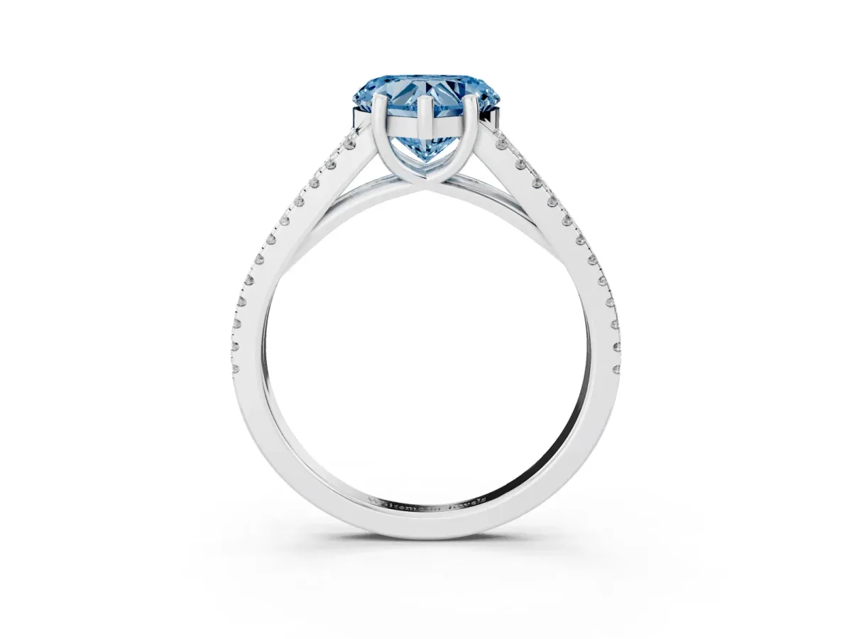 Fancy Blue Heart Cut Diamond Solitaire Engagement Ring with Split Shank Pavé Band Silver
