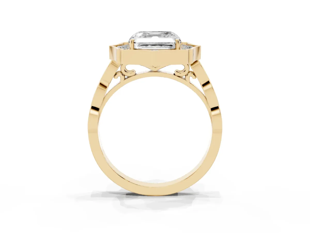 Asscher Cut Halo Diamond Engagement Ring with Milgrain Band and Four-Prong Setting Yellow gold