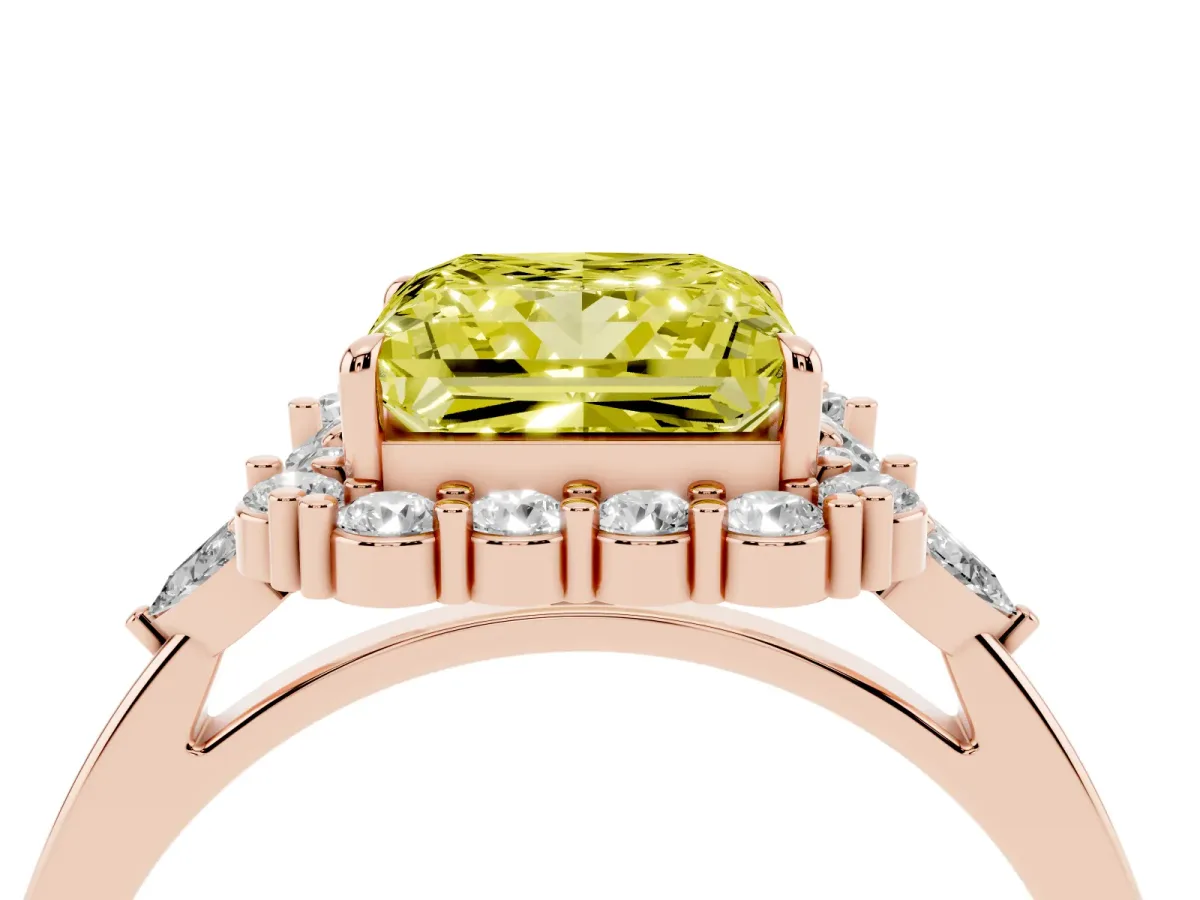 Fancy Yellow Princess Cut Diamond Halo Ring with Pear Side Stones and Prong Setting Rose gold