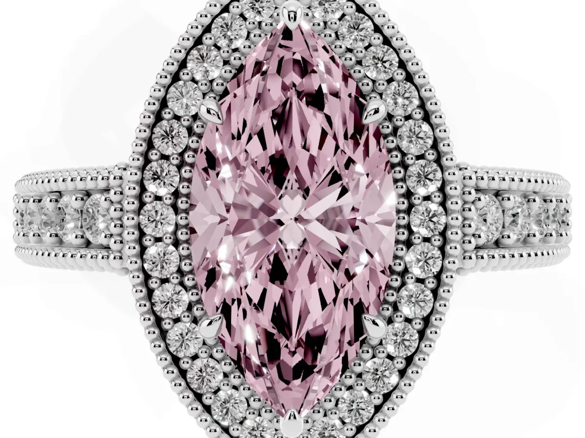 Fancy Pink Marquise Cut Cut Halo Diamond Ring with Pavé Band and Four-Prong Setting Platinum