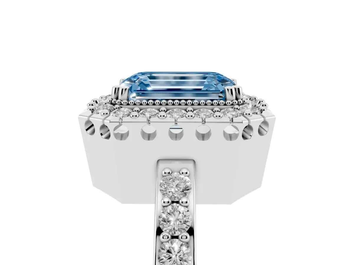 Fancy Blue Emerald Cut Diamond Halo Ring with Pavé Band and Prong Setting Silver