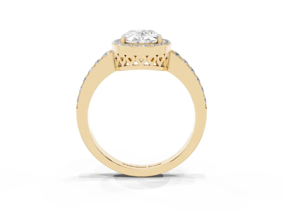 Oval Cut Halo Diamond Pavé Band Ring with Prong Setting Yellow gold