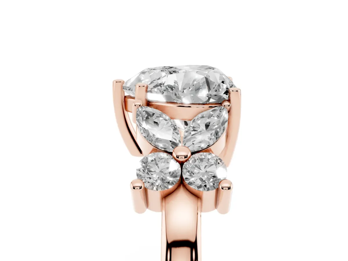 Heart Cut Diamond Floral Cluster Ring with Solitaire Band and Prong Setting Rose gold