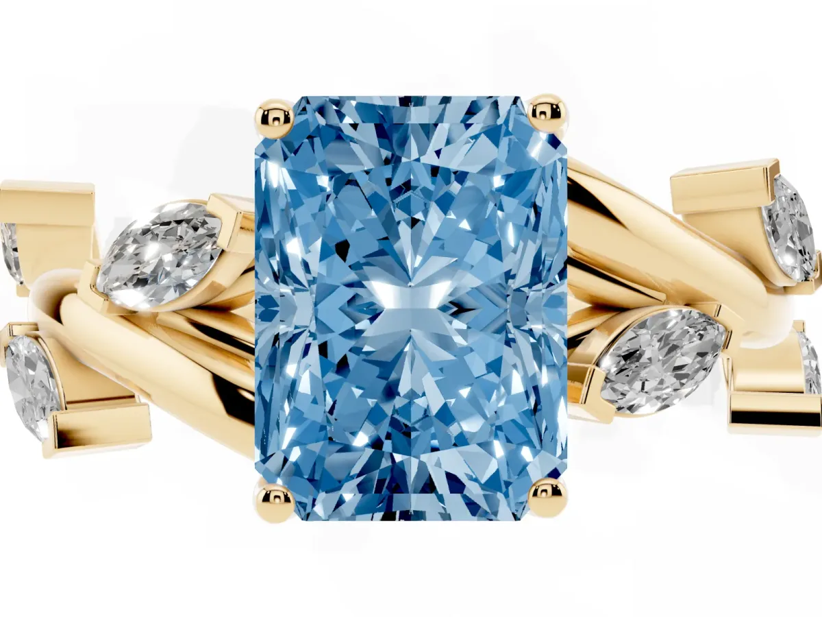 Fancy Blue Radiant Cut Solitaire Twisted Band Marquise Accent Prong Setting Ring Yellow gold