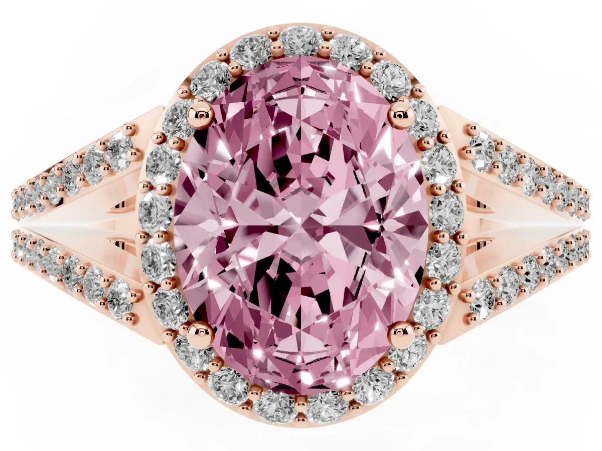 Fancy Pink Oval Cut Halo Split Shank Pave Diamond Ring with Four-Prong Setting Rose gold
