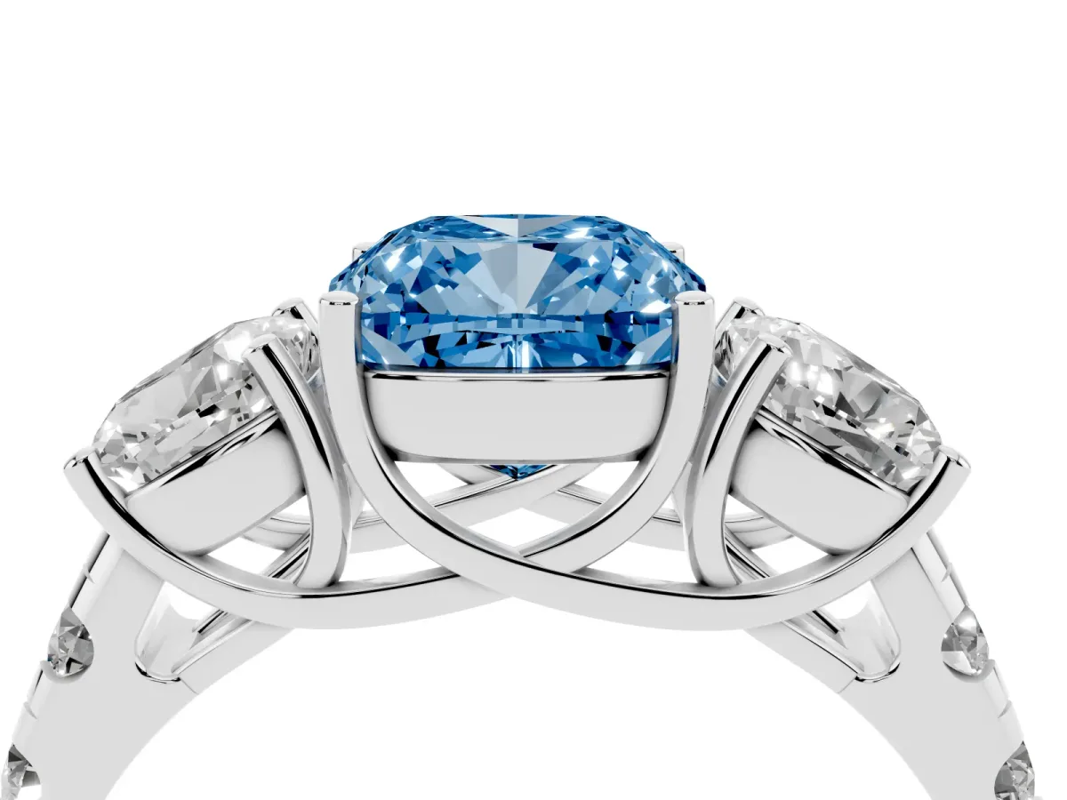 Fancy Blue Three-Stone Cushion Cut Diamond Pavé Band with Prong Setting Silver