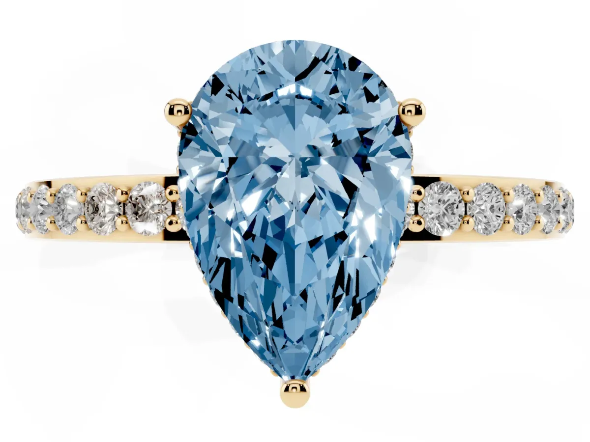 Fancy Blue Pear Cut Diamond Solitaire Ring with Pavé Band and Hidden Halo Yellow gold