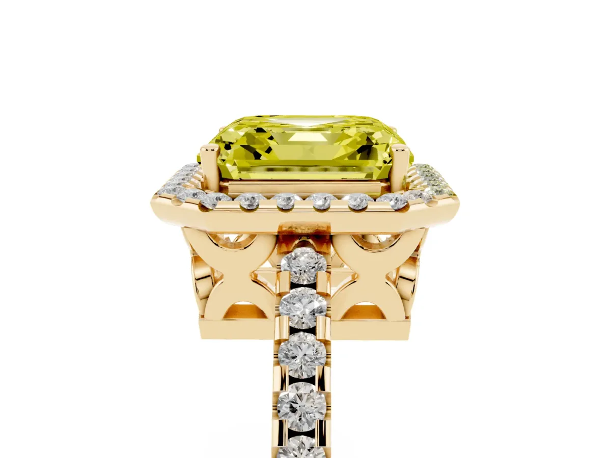 Fancy Yellow Asscher Cut Diamond Halo Engagement Ring with Pavé Band and Prong Setting Yellow gold