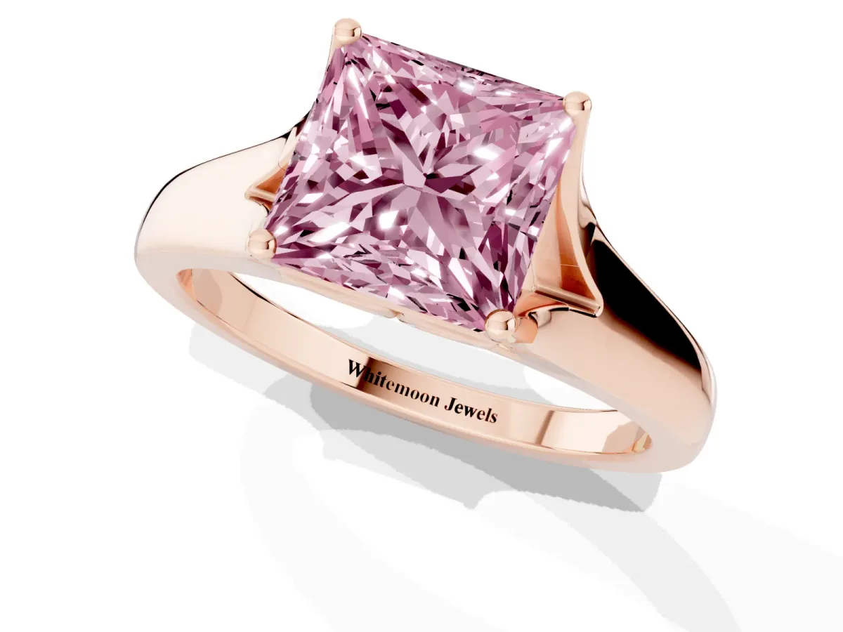 Fancy Pink Princess Cut Solitaire Diamond Ring with Cathedral Band and Four-Prong Setting Rose gold