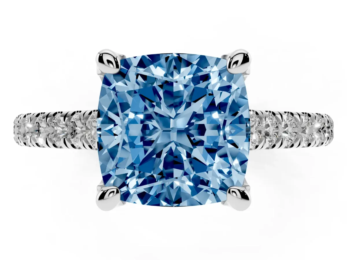 Fancy Blue Cushion Cut Brilliant Diamond Solitaire with Pavé Band and Four-Prong Setting Platinum