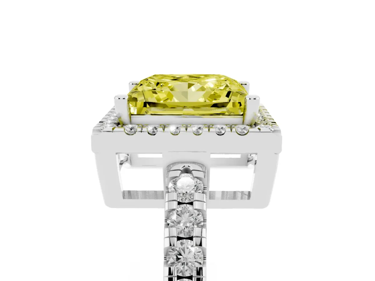 Fancy Yellow Princess Cut Diamond Halo Ring with Pavé Band and Four-Prong Setting Platinum