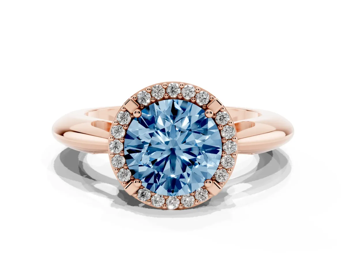 Fancy Blue Round Cut Cut Diamond Halo Engagement Ring with Split Shank and Four-Prong Setting Rose gold
