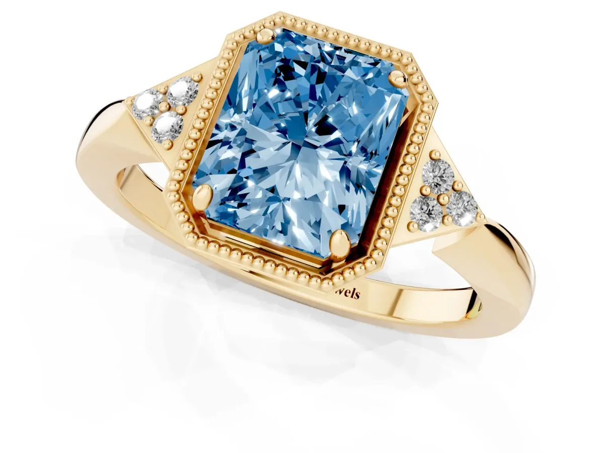 Fancy Blue Radiant Cut Diamond Halo Ring with Tapered Band and Four-Prong Setting Yellow gold