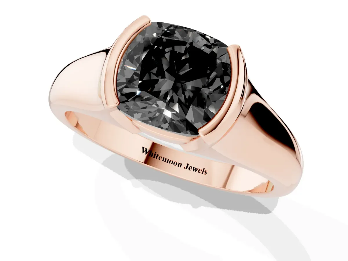 Fancy Black Cushion Cut Solitaire Tension Set Diamond Ring with Split Shank Band Rose gold