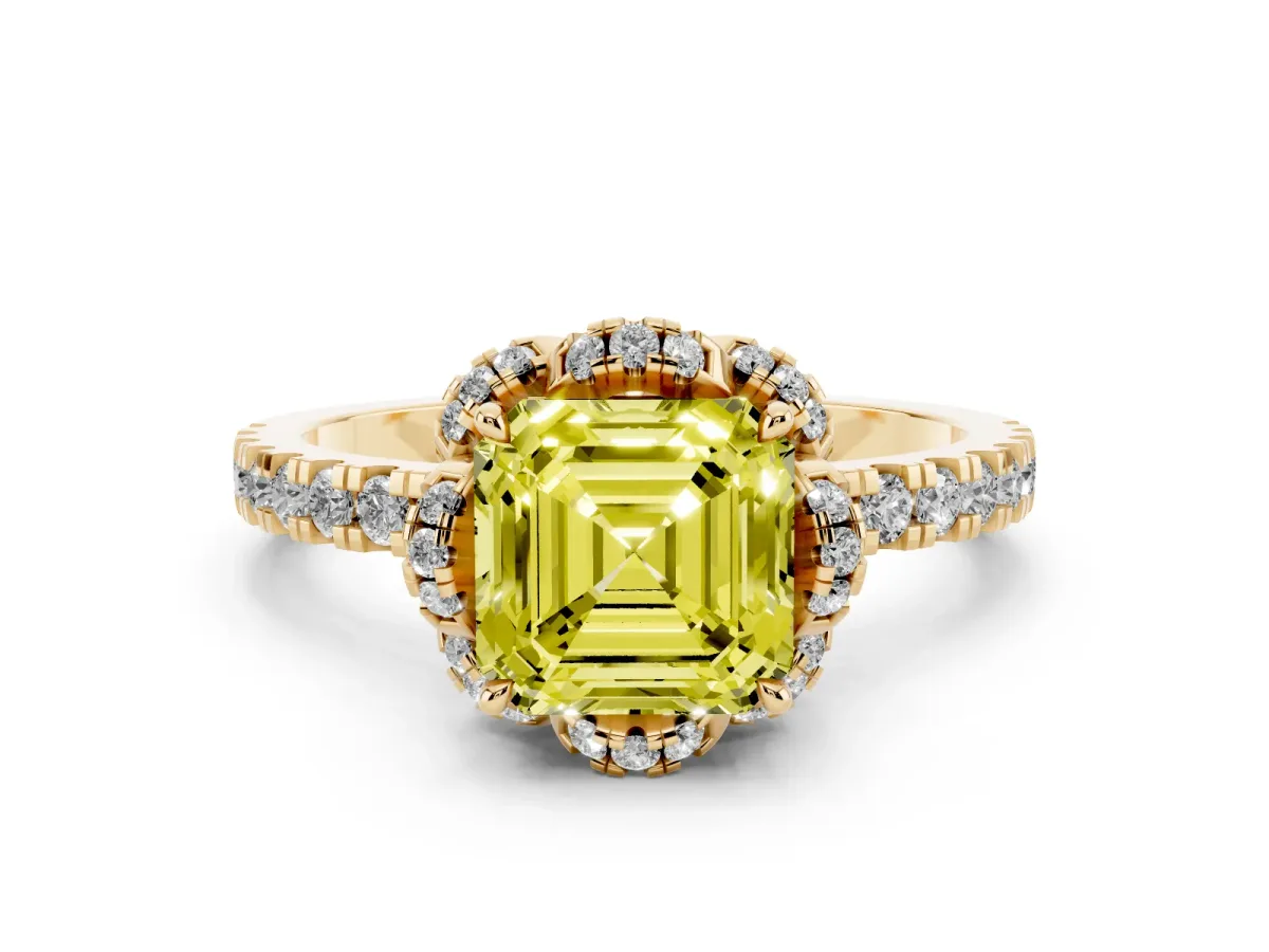 Fancy Yellow Asscher Cut Diamond Halo Pave Band with Four-Prong Setting Yellow gold