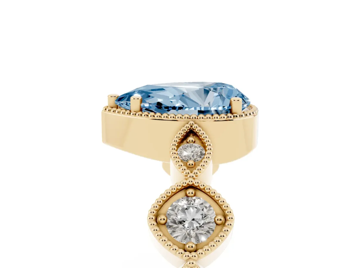 Fancy Blue Pear Cut Diamond Vintage Milgrain Ring with Round Stations Yellow gold