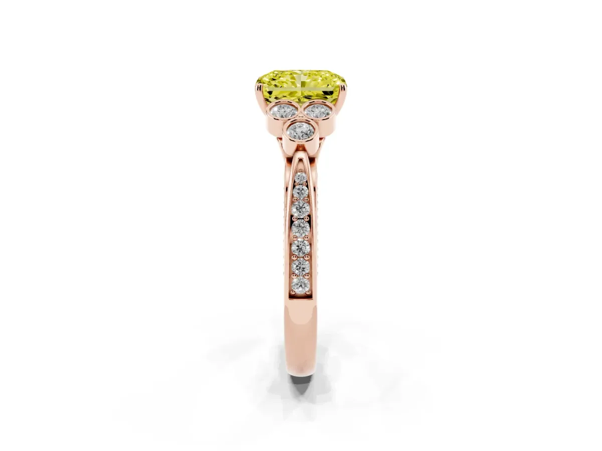 Fancy Yellow Radiant Cut Cut Diamond Engagement Ring with Bezel Set Round Side Stones and Prong Setting Rose gold