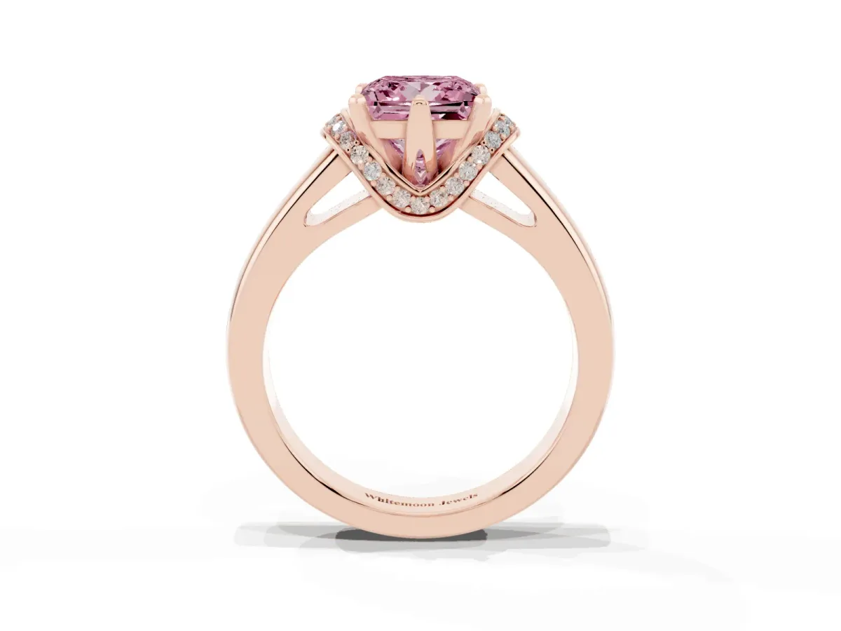 Fancy Pink Princess Cut Solitaire Diamond Ring with Pave Band and Six-Prong Setting Rose gold